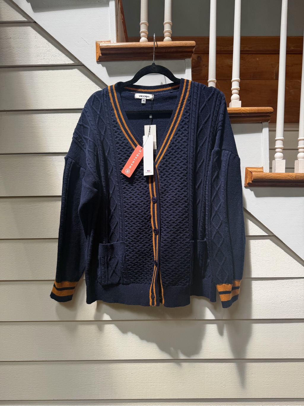 Vigors Navy Cardigan Sweater With Gold Stripe Trim